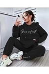 Kadın Oversize Kapüşonlu Eşofman Takımı Siyah Pause Baskılı Rahat Kalıp