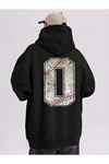 0 Baseball Sweatshirt - Siyah Oversize Baskılı Kapüşonlu