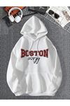 Unisex Oversize Beyaz Boston Energy Baskılı Sweatshirt Kapüşonlu Hoodie