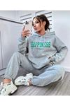GRİ Happiness Baskılı Kapüşonlu Kombin Alt Üst Eşofman Takımı