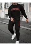 California Los Eşofman Takımı Sweatshirt Jogger - Siyah Baskılı Oversize Şardonlu Bisiklet Yaka