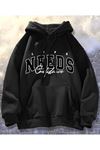 UNİSEX Kapüşonlu Oversize Sweatshirt Siyah NEEDS