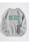 Unisex Gri Oversize New Jersey Baskılı Bisiklet Yaka Sweatshirt