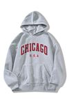 Oversize Unisex Chicago U.s.a. Baskılı 2 Iplik Şardonlu Kalın %100 Pamuk Kapüşonlu Sweatshirt