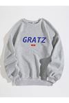 Unisex Gri Oversize Gratz Baskılı Bisiklet Yaka Sweatshirt