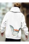 Beyaz Unisex Oversize Heykel Baskılı Sweatshirt Hoodie Kapüşonlu