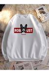 Beyaz Unisex Oversize Robust Baskılı Sweatshirt Bisiklet Yaka