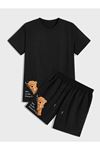 Siyah Ayıcık Baskılı Şort T-shirt Takım