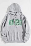 Unisex Gri Oversize New Jersey Yazı Baskılı Kapüşonlu Sweatshirt