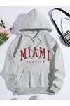 Unisex Gri Oversize Miami Yazı Baskılı Kapüşonlu Sweatshirt