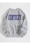 Unisex Gri Oversize Kentucky Baskılı Bisiklet Yaka Sweatshirt