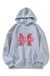 Unisex Gri Baskılı Oversize M Michigan Kapüşonlu Sweatshirt