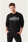 Unisex Oversize Gangster Family Baskılı Bisiklet Yaka Siyah Sweatshirt